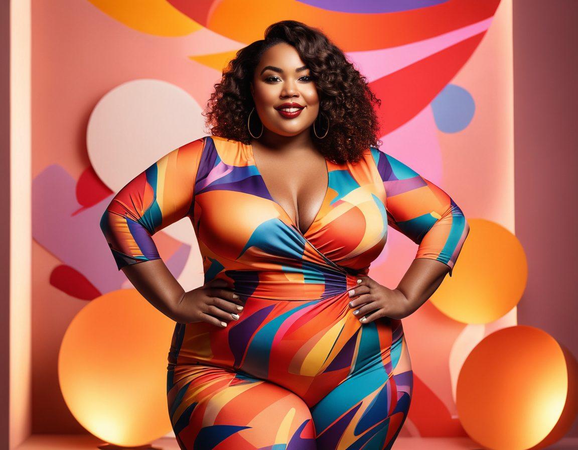 An empowered plus-size woman confidently posing in a stylish outfit that accentuates her curves, with a backdrop of vibrant, abstract shapes symbolizing self-love and body positivity. She stands with a radiant smile, surrounded by soft, glowing lights that enhance her allure. The scene should evoke feelings of strength and beauty, celebrating ample figures. bright colors. modern art style. soft lighting.