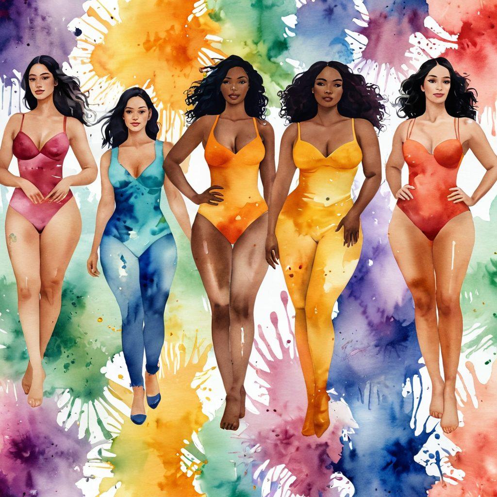 A stunning artistic representation of a diverse range of shapely bodies celebrating confidence and beauty. Each body is posed elegantly against a watercolor splash background that symbolizes sensuality and strength. The image should incorporate vibrant colors and graceful curves, highlighting different skin tones, sizes, and styles. The celebration of body positivity should be palpable, with flowing fabrics and accents of nature around the figures. vibrant colors. watercolor style. soft focus.