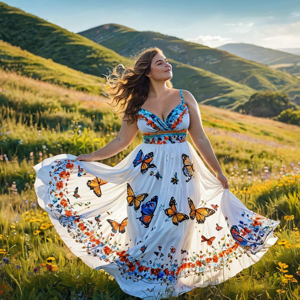 A confident, curvy woman standing in a sunlit meadow, radiating joy and self-acceptance, adorned in a flowing dress that accentuates her curves. Surround her with colorful wildflowers and butterflies, symbolizing beauty and freedom, while a gentle breeze lifts her hair. The background features a serene blue sky and softly rolling hills, celebrating body positivity and confidence. super-realistic. vibrant colors. nature-inspired.